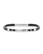 Aigner gent bracelet silver with black leather