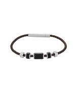 Police BULLION bracelet for men silver with dark brown leather